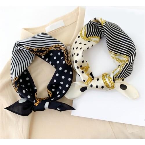 New Women Bandana 100% Real Silk Scarf Polka Dot Small Hairband Square Foulard Female Spring Neckerchief Skinny Tie 2021
