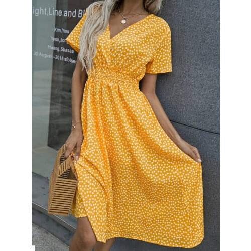 Solid print dresses short v neck elasttic waist black dress Knee-Length Elegant fashion dresses for women