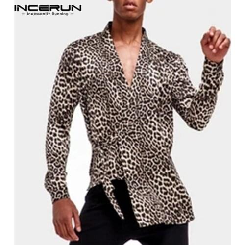 INCERUN Fashion Men Irregular Shirt Leopard Print 2021 V Neck Long Sleeve Nightclub Party Camisa Streetwear Lace Up Casual Shirt
