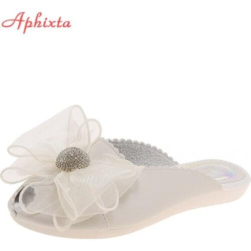 Aphixta 2Luxury Pearl Flowers Mules Women Slides Crystals Ball Round Toe Bow Shoes Summer Footwear Slippers Plus Size 43