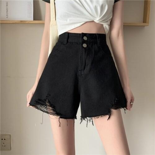 Vintage Korean Summer Denim Jeans Shorts Women High Waist Short Pants Harajuku Hole Ripped Wide Leg Pants Casual Streetwear