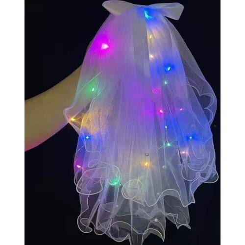Led Flashing Colorful Birthday Party Christmas Glow Lamp Double Bow Beaded White Wedding Celebrity Veil Night Market Headdress