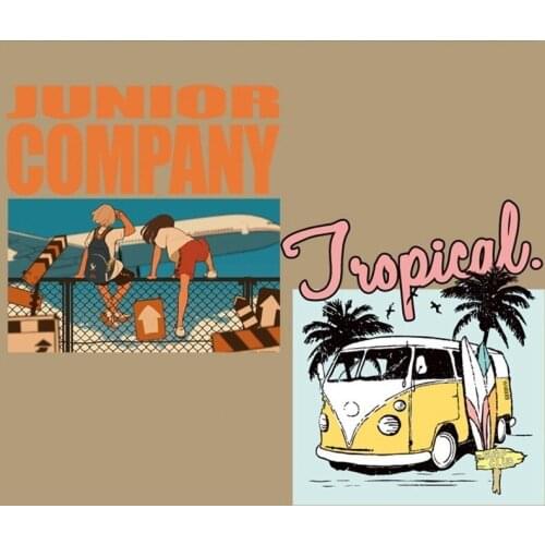 Summer Style Bus Patches Iron On Transfers For T shirt Clothes Japanese Anime Vinyl Hot Heat Thermal Transfer Stickers Appliques