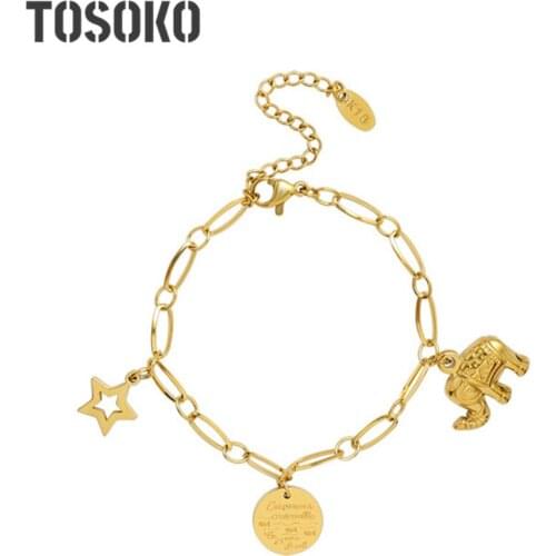 TOSOKO Stainless Steel Jewelry Elephant Pentagram Geometric English Round Brand Bracelet Womens Fashion Chain BSE196