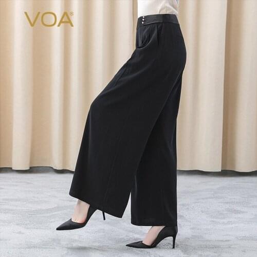 VOA 36m/m Elastic Silk Natural Waist Bump Stitching Yellow Thread Beaded Decorative Oblique Pocket Black Wide-leg Pants KE262