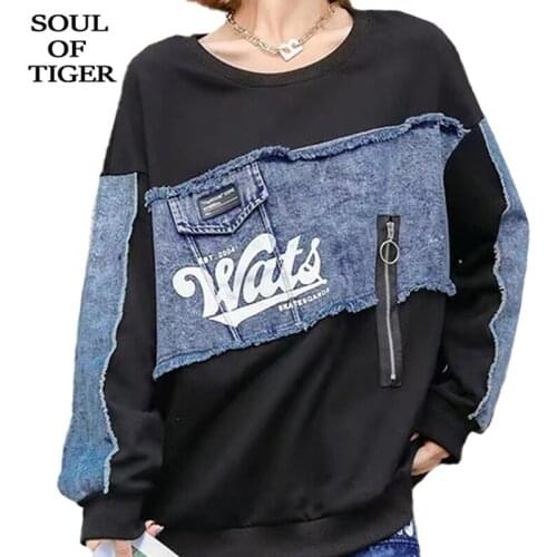 SOUL OF TIGER Autumn New Black Denim O-Neck Tee Shirt Ladies Casual Loose 2021 Tops Women Harajuku Ripped Tshirt Vintage Tees