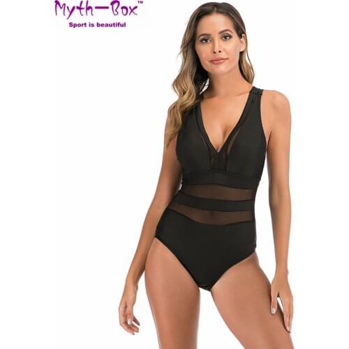2020 One Piece Swimsuit Women Mesh Stripe Swimwear Deep V Monokini Cross Jumpsuit Beach Bathing Suit Swim Bikini Female Bodysuit