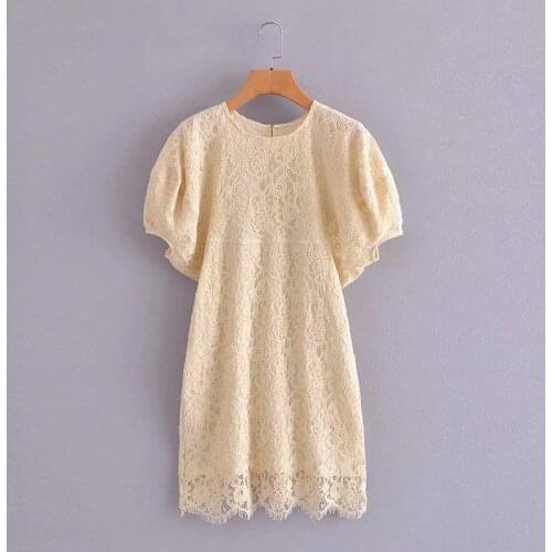 DOUJILI High Quality Summer Women Dress Crewneck Puff Sleeve New Style Vintage Elegant Dress Beige Black