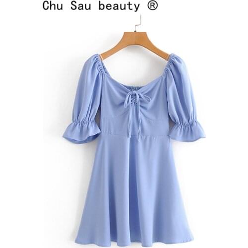 Chu Sau beauty Vintage Temperament Wild Solid Square Collar Bubble Sleeve Lace Dress Woman Corset Slim Princess Dress Summer