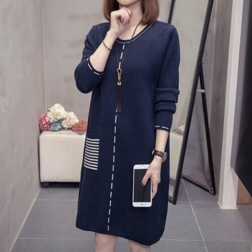 2020 Autumn Winter Pull Oversize Vintage Knitted Sweater Dress Korean 3XL Cashmere Long Pullover Striped Dresses Femme vestidos