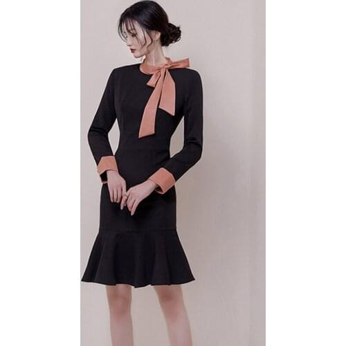 2019 Spring Autumn Vintage Patchwork Midi Dresses Women Elegant Bodycon Black Dress Party Office Long Sleeve Vestidos