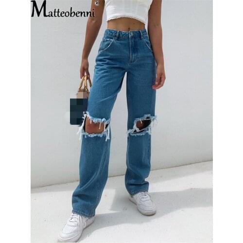 2021 Hole Ripped Distressed Straight Womens Fashion Jeans Oversize High Waist Baggy Boyfriend Punk Denim Pants Street Trousers