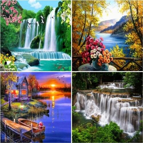 AZQSD Diamond Embroidery Waterfall Mountain Mosaic Diamond Painting Landscape Cross Stitch Needlework Rhinestones Home Decor