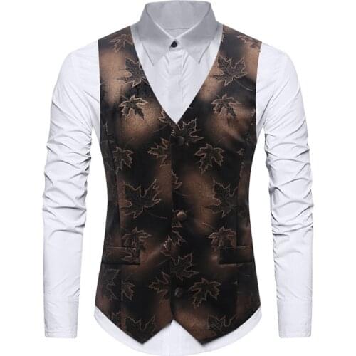 Black Gold Maple Leaf Print Suit Vest Men 2021 Brand New Slim Fit Single Breasted Male Waistcoat Vest Party Wedding Tuxdedo Vest