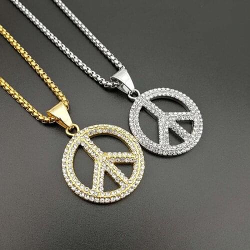 Hip Hop Bling Iced Out Gold Silver Color Stainless Steel Peace Sign Pendants Necklaces for Men Rapper Jewelry Drop Shipping