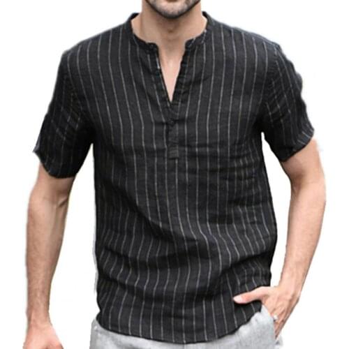 80%HOTMen Short Sleeve Shirt Striped Print V Neck Stand Collar Casual T-shirt Male Clothing
