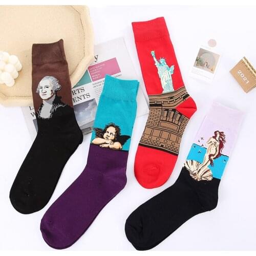 Mens And Womens 4 Pairs Fun Socks Famous USA Statue of Liberty Painting Socks Anti deformation or fading Combed Cotton Socks