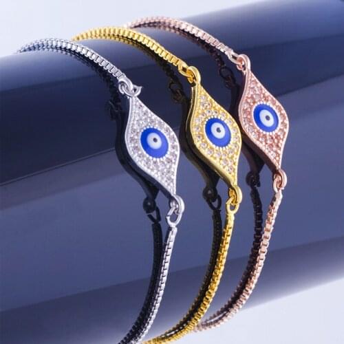 Newest Fashion Micro Pave Blue Zircon Enamel Blue EVIL EYE Charms With Adjustable Gold Chains Women Charm Bracelets