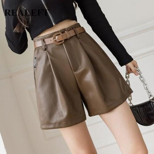REALEFT 2021 Autumn Winter Womens PU Leather Shorts Vintage High Waist Pockets With Belt Casual Wide Legged Ladies Pants Female