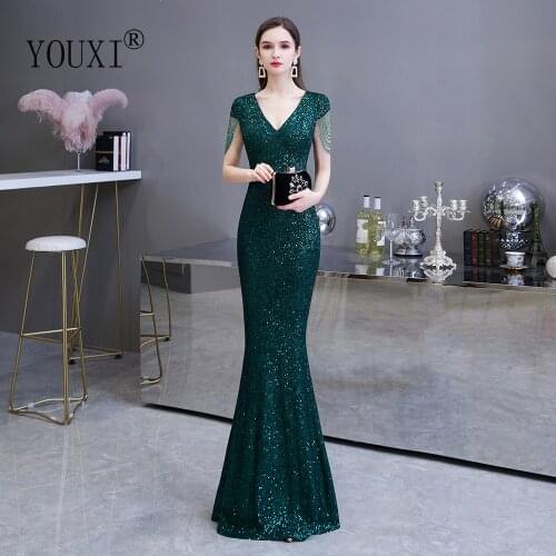 Dark Green Sequin Prom Dresses 2020 YOUXI Sexy V-Neck Cap Sleeve Beading Mermaid Long Party Dress Vestido de Festa