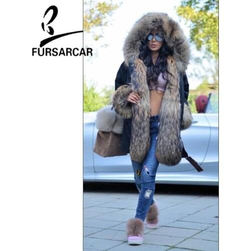 FURSARCAR Full Pelt Real Raccoon Fur Collar Hood Parka Women Coat Natural Fur Parka Black Luxury Parkas Plus Size Casual