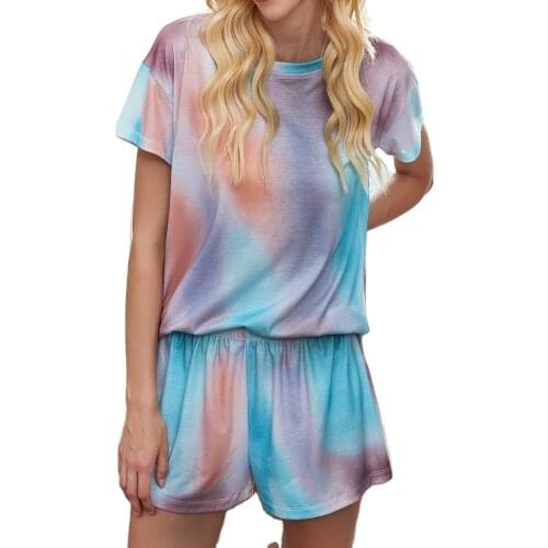 Womens Pajamas Summer Sportwear Tie-dye Ggradient Color Pajamas Short-sleeved Printed Straight-leg Pants Hhome Service Suit