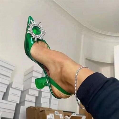 Big size 44 45 Women Pumps Elegant High heels Pointed toe Rhinestones Wedding Shoes Crystal Clear heeled Slingback Pumps Sandals