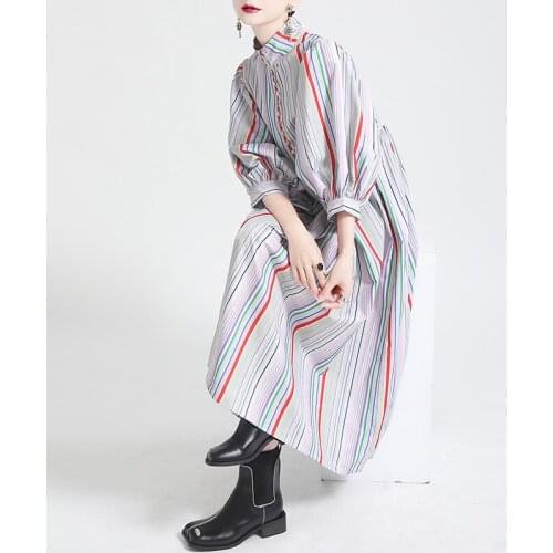 Vintage Hit Color Stripes Puff Sleeve Woman Dress Spring New Chic Button Design Dresses Fashion Elegant Temperament Vestidos