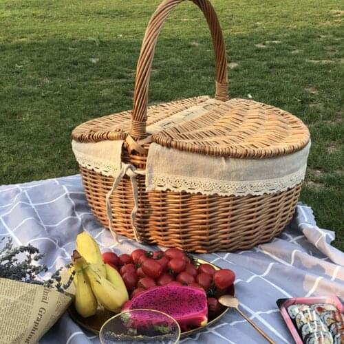 Handmade Large Wicker Picnic Basket with Handle Double-Lid Camping Picnic Willow Weaving Storage Hamper Outdoor Fruit Holder