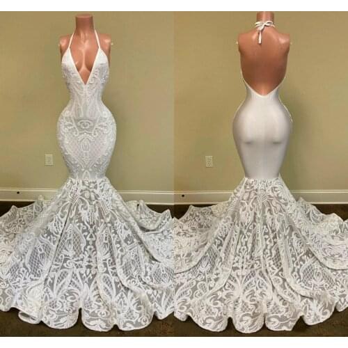 Ivory 2021 Mermaid Prom Dresses Halter Lace Sequined Appliqued Backless ruffles sweep train trumpet african evening dress