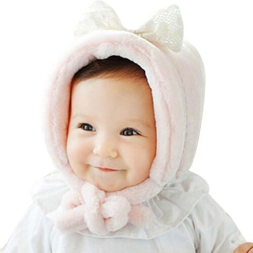Baby Girl Winter Hat for 3 to 12 Months Infant Girls Kids White Pink Bonnet with Bow Knot Very Warm Thick Soft Velvet