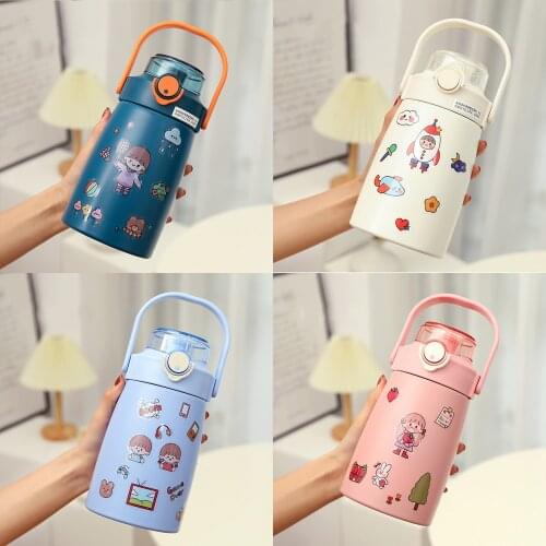 800ml Kids Stainless Steel Thermos Mug With Straw Cute Cartoon Leak-Proof Vacuum Flask Children Thermal Water Bottle Thermocup