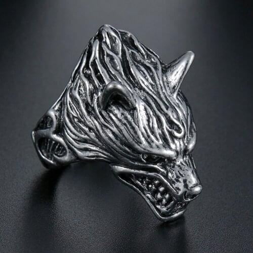 Gothic Exaggerated Men Trend Retro Hip Hop Icefield Wolf Head Domineering Ring Animal Jewelry Boy Party Birthday Gift Wholesale