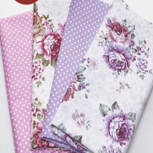 Graceful 40x50cm Pink Purple Flower & Polka Dot Printed 100% Cotton Fabric Bundle For DIY sewing Doll Cloth