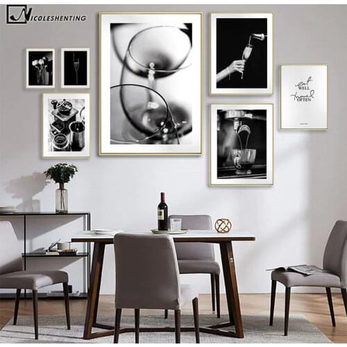 Coffee Wine Bread Kitchen Poster Black White Drink Food Canvas Print Wall Art Painting Picture Dining Room Restaurant Decoration