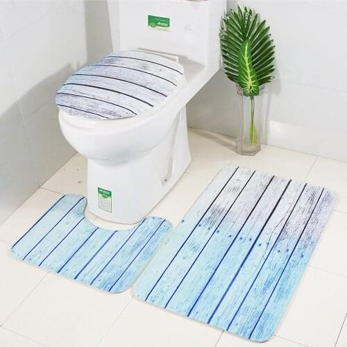 Three-Piece Toilet Floor Mat Set With green wood board printed Toilet Cover and Rugs Non-Slip New Flannel Bathroom Carpet