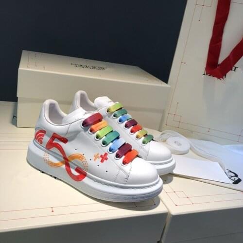 Cartoon Wedge Heel Leather Womens Shoes 2020 Spring Autumn New Fashion Round Head Lace Color Matching Brand Casual Sports Shoes