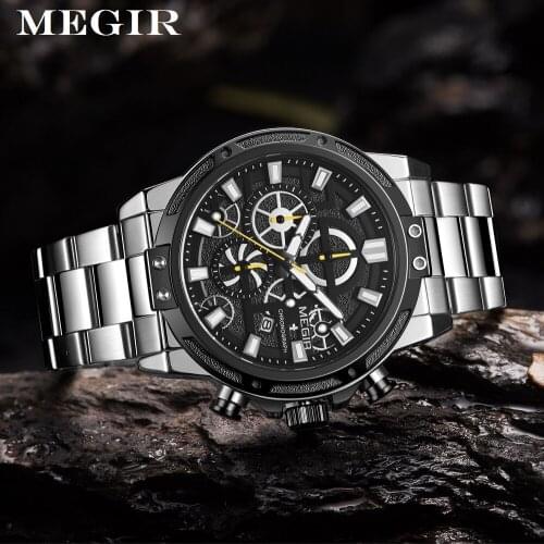 MEGIR Official Mens Watches Top Brand Luxury Big Dial Quartz Wrist Watch Men Stainless Steel Relogio Masculino Montre Homme 2108