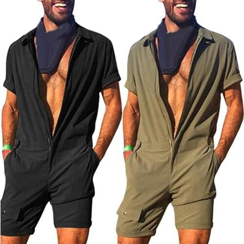 Men Rompers Fashion Solid Color Jumpsuit Short Sleeve Pockets Zip Romper Overall Work Clothes 2021 Casual Playsuit Men Streetwea