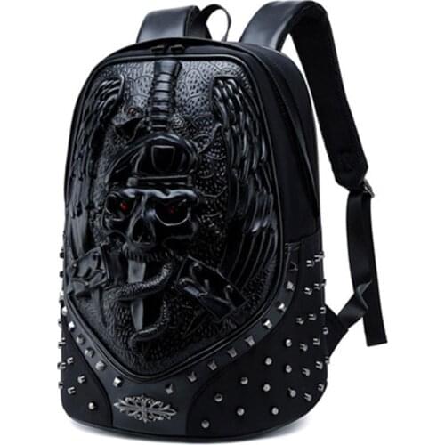 3d Embossed three-dimensional skull backpack mens spirit snake punk backpack pu leather waterproof computer bag