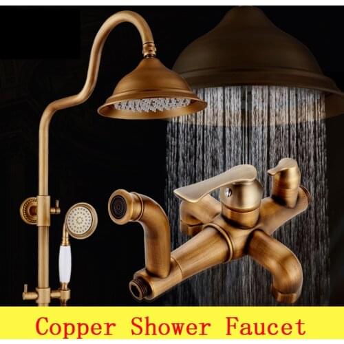Antique bathroom brass shower faucet set,Wall mounted waterfall rain shower faucet mixer,Copper shower water tap set shower head