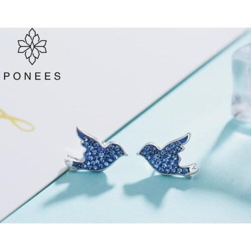 PONEES New Trendy Wholesale Jewelry Blue Crystal Bird Stud Earrings For Women Fashion Cute Animal Bird Earrings For Girls Party