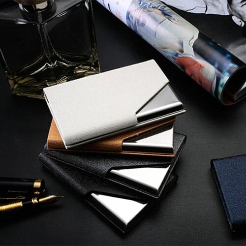 PU Leather & Metal Perfect Together Portable Business Card Box Holder with Magnetic, Creative Moving Name Card Box Badge Holder