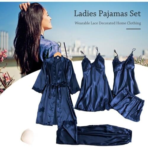 Pajama Set Women Lace Trim Satin Sleepwear Pyjamas Pour Femme Summer Nightwear With Pants Casual Home Wear Kimono Robe Gown 5Pcs