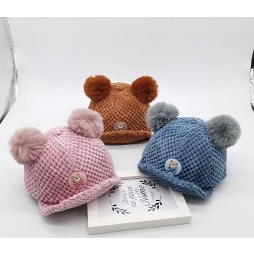 Toddler Caps Girl Boy Baby Infant Winter Warm Beanies Knitted Cotton Cartoon Bear Print Hats With Doubles LED Light Balls 6-24M