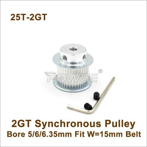 POWGE 25 Teeth 2GT Synchronous Pulley Bore 5/6/6.35mm For Width=15mm 2MGT Timing Belt 25T 25Teeth GT2 Pulley 25-2GT BF 3D Design