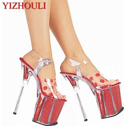 Crystal wedding shoes, 20cm heels, sexy red lip sandals, 8in Parisian fashion party stage sandals