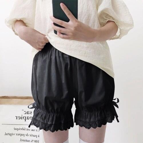 Women Girls Vintage Lolita Bloomers Loose Pumpkin Pants Ruffled Lace Hem Sweet Bow Gothic Elastic Waist Security Shorts
