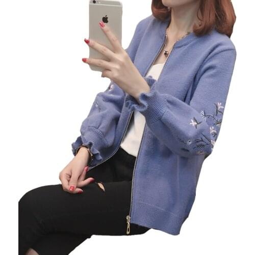 2019 New Women knitted Sweater Coat Spring Autumn Short Loose Zipper Embroidery Long-Sleeve Knitted Cardigan Female Top Outwear