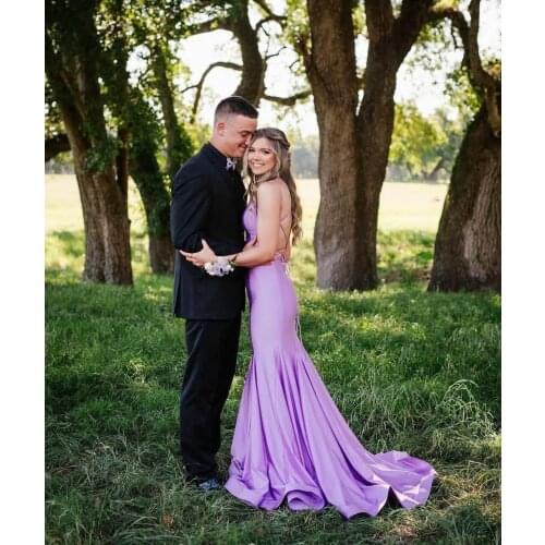 Purple V-Neck Spaghetti Strap Satin Evening Dresses Long Criss Cross Back Sweep Train Abendkleider Robes de Soirée for Women